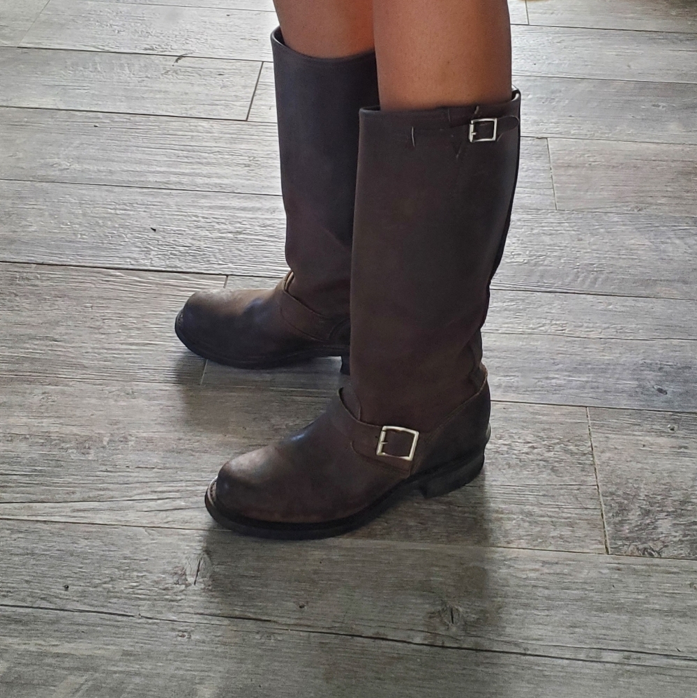 Frye buckle moto boots, brown, size 8.5